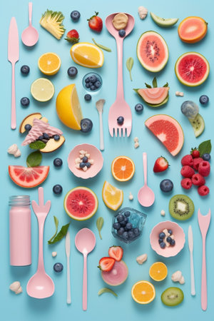 set of fruits and colorful kitchenware Top view : Generative AIの素材
