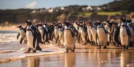 flock of Humboldts penguins into the water : Generative AIの素材