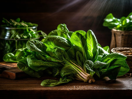 Raw mangold on wooden backgound Garden fresh Swiss chard silverbeet leaves : Generative AIの素材