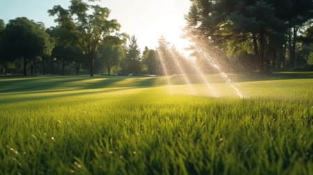Sprinkler watering the grass in the park : Generative AIの素材