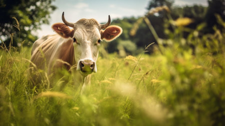 A grey young cow eating the grass in the meadow Copy space : Generative AIの素材