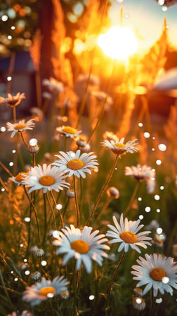 Daisy wild flowers in sunset : Generative AIの素材