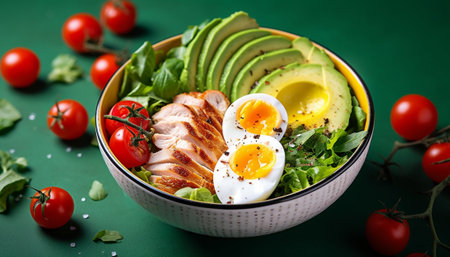 Avocado salad with chicken fillet and poached egg on white plate is at the cooks hands in medical gloves near the distribution table : Generative AIの素材