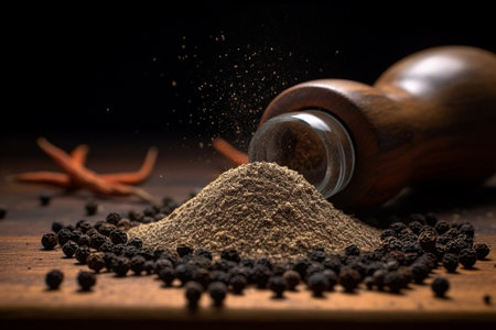Bowl of black pepper on old wooden table : Generative AIの素材