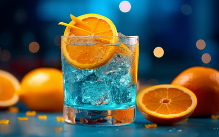 Cocktail with Orange and ice on a blue beckground : Generative AIの素材