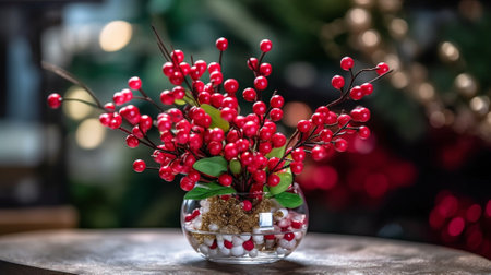 Red winter berries and Christmas bouquet are in the shop against blurred background Christmas decoration : Generative AIの素材