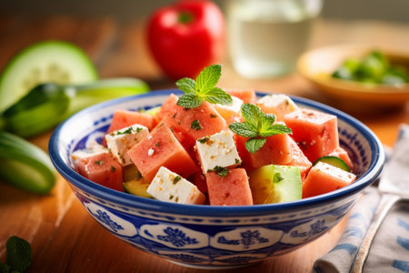 Salad with watermelon lemon cheese and olives : Generative AIの素材