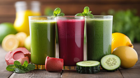 Fresh vegetable juices on wood : Generative AIの素材