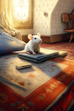 Portrait of a small cute white rat climbing a grey sofa : Generative AIの素材