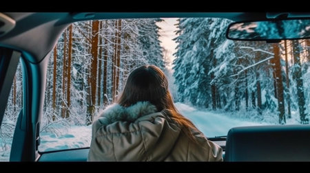 Little blonde girl sits in a red childrens convertible in the snowy spruce forest and catches snowflakes with her hands High quality photo : Generative AIの素材
