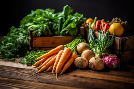 Fresh vegetables carrots beetroots on wooden background Harvest still life : Generative AIの素材