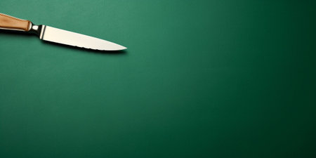 Silver forks and knifes packed in Santas napkin laying on green background with copy space View from above : Generative AIの素材