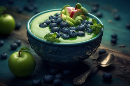 Sweet dessert with apples blueberries and cranberries on a green background : Generative AIの素材
