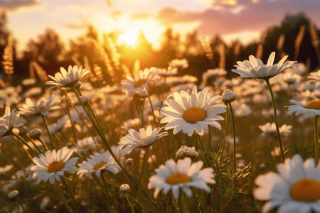 Daisy wild flowers in sunset : Generative AIの素材