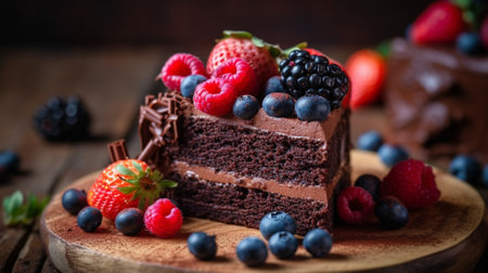 Homemade Chocolate cake with fresh blueberries raspberries : Generative AIの素材