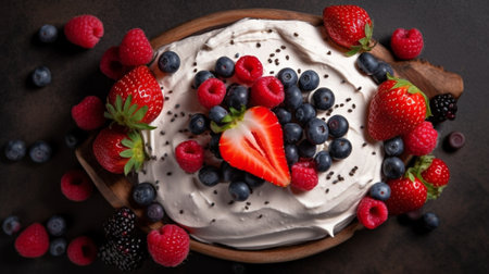 Strawberry cake in red and white ceramic baking dish with custard fresh berries and natural thermostat yogurt with strawberry jam on the dark wooden background : Generative AIの素材