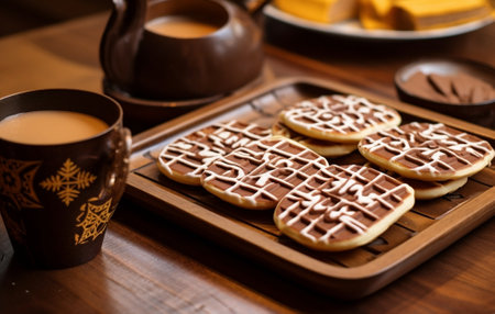Homemade waffle dessert with chocolate biscuits and nuts : Generative AIの素材