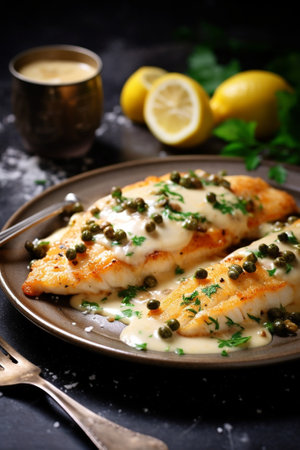 Zander or pikeperch fillets on a frying pan at a restaurant kitchen : Generative AIの素材