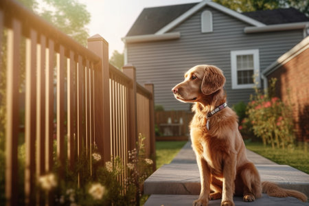 Young golden doodle doos dog sitting against Christmas house with white fence Copy space Holiday concept : Generative AIの素材