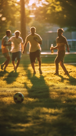 Shallow depth of field shot of young boys playing a kids european football match on green grass at sunset : Generative AIの素材
