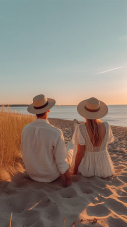 Man and woman in summer clothes laying at red beach chairs on sand beach while sunset Focus is at hands View from the back : Generative AIの素材