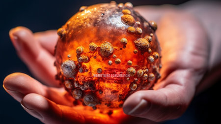 Rotten orange in holding hands in a close up shot : Generative AIの素材