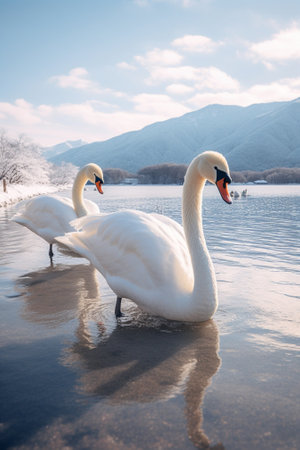 Beautiful birds swans ducks swim in the frozen river Danube in winter season : Generative AIの素材