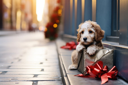 Young golden doodle doos dog sitting against Christmas house with white fence Copy space Holiday concept : Generative AIの素材