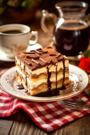 Cottage cheese casserole with sour cream cheesecakes with cherry jam and white cup of black coffee and fork and spoon and striped napkin : Generative AIの素材