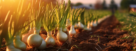 Onion field Maturing at spring Agricultural landscape : Generative AIの素材