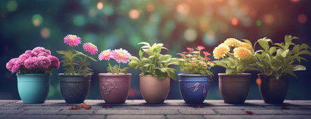 decorative pots with colorful flowers : Generative AIの素材