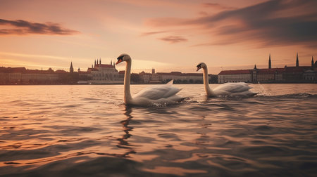 Group of swans flying over the frozen Danube river covered with snow at Zemun in the Belgrade Serbia : Generative AIの素材