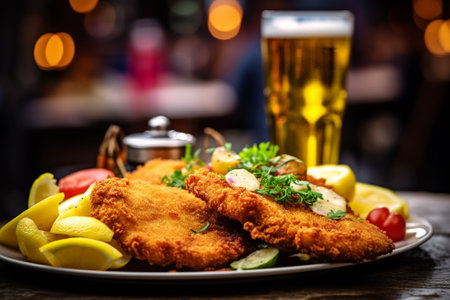 Waiter holding Viennese Schnitzel with fried potatoes rosemary and ketchup in the restaurant : Generative AIの素材