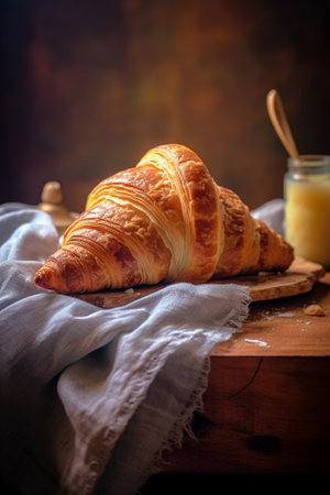Fresh homemade croissants on wooden table selective focus : Generative AIの素材