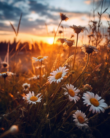 Daisy wild flowers in sunset : Generative AIの素材