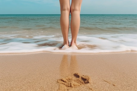 Girls feet on a sand sea coast Summertime concept Copy space : Generative AIの素材