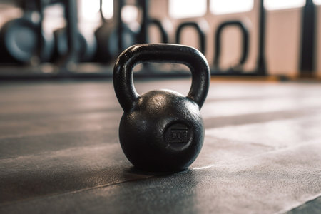 Close up wide angle view of a kettle bell weight on the floor of a gym with moody light : Generative AIの素材