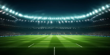 Green soccer field bright spotlights illuminated stadium : Generative AIの素材