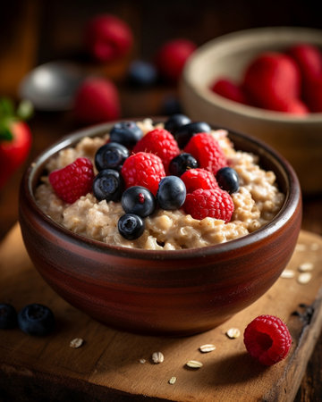 Fun food for kids Oatmeal with fruit on a wooden background : Generative AIの素材