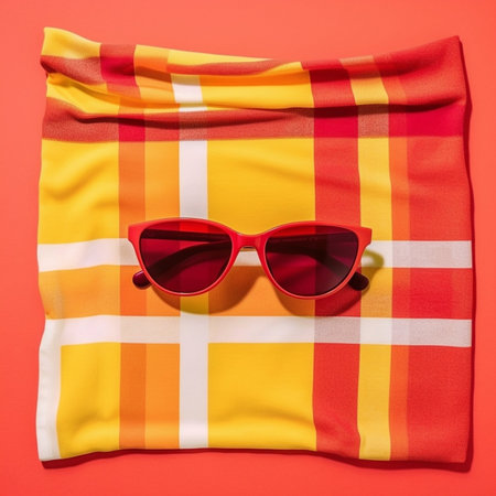 Smart blueeyed little boy in yellow diving goggles lying on Striped red and white beach towel and smiling happily Copy space : Generative AIの素材