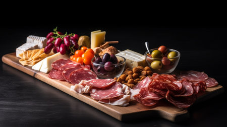 Antipasto catering platter with salami dry meat and grapes : Generative AIの素材