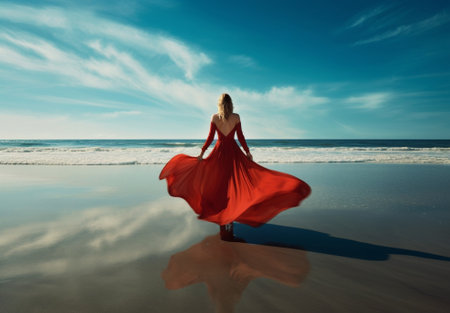Beautiful young blonde woman in scarlet red dress walking dancing along the coast with white sand in the summer Copy space : Generative AIの素材