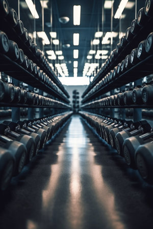 A rack of silver colored dumbbells : Generative AIの素材