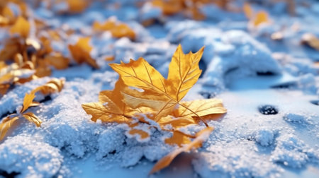 Autumn with maple leaves frozen in ice : Generative AIの素材