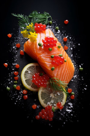 A delicious fresh salmon with pepper spice and caviar on a black background : Generative AIの素材