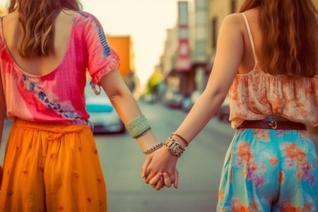 Adult girl holding sisters hand in a park Friends concept summertime : Generative AIの素材
