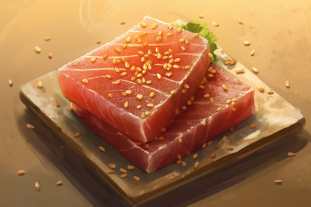 A fresh piece of tuna on a wooden board : Generative AIの素材