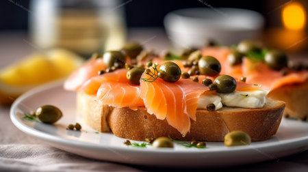 Canapes with salmon and olives on a plate : Generative AIの素材