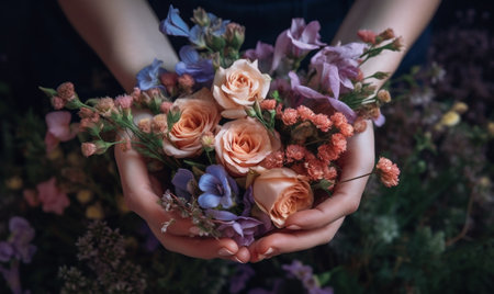 Big luxury armful of flowers in womans hands : Generative AIの素材