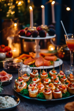 Beautifully decorated catering banquet table with different food snacks and appetizers with sandwich : Generative AIの素材
